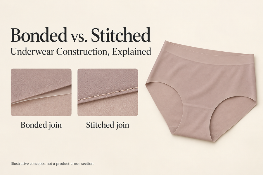 AI-generated illustration of a taupe brief beside generic bonded and stitched fabric joins