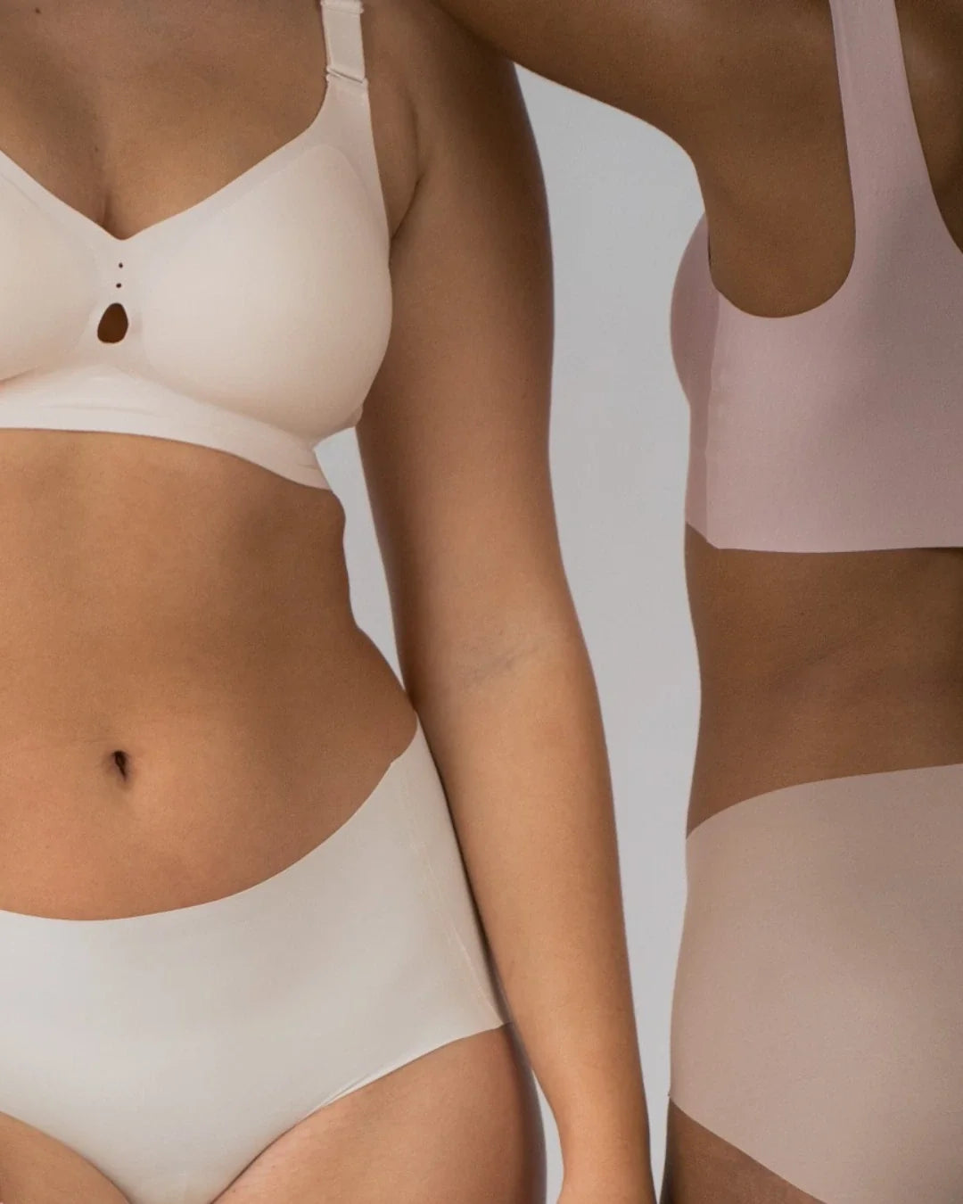 Comfortable wireless bra and underwear set in soft neutral tones for all-day support without underwire