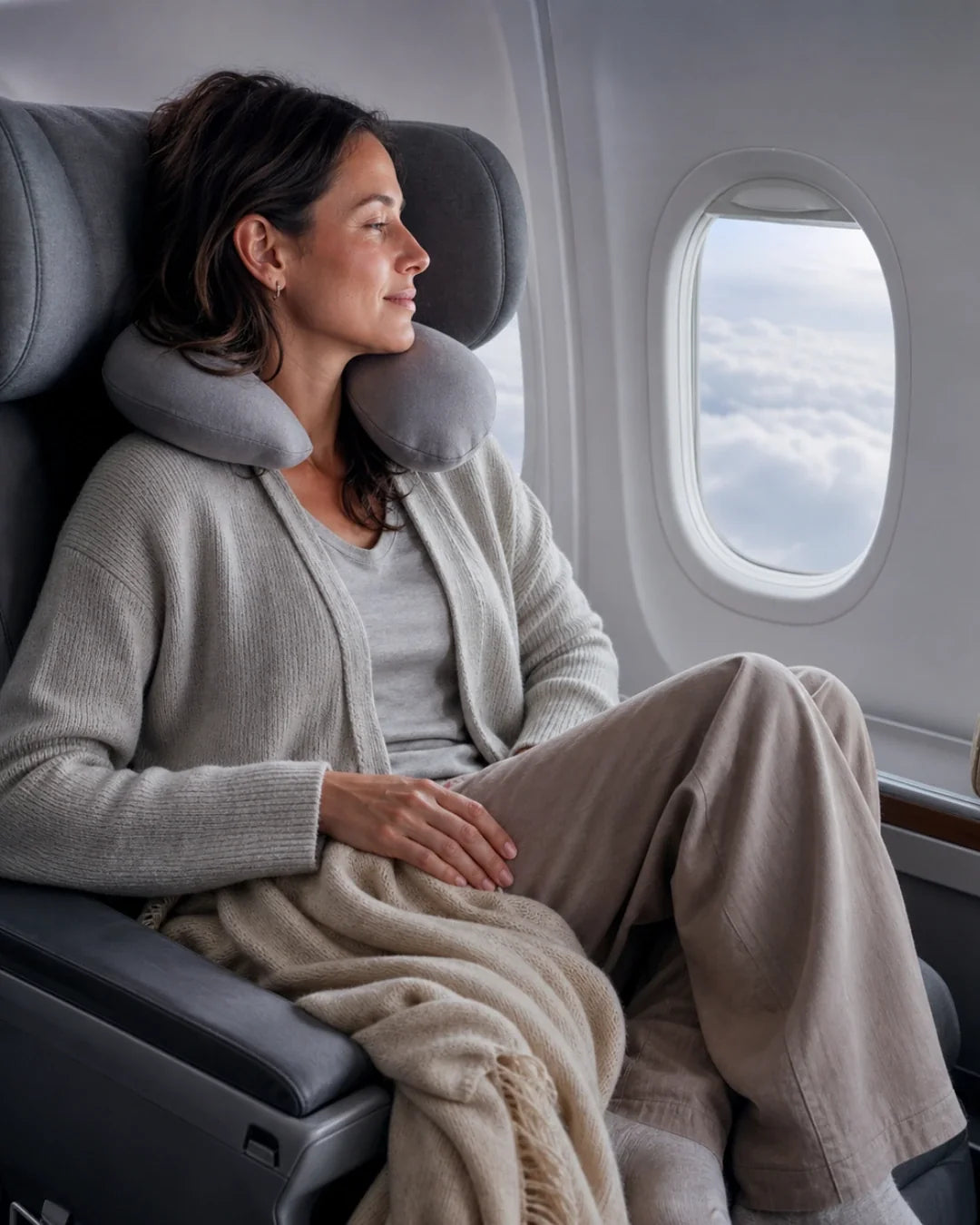 Woman relaxing comfortably on a long-haul flight in soft, breathable travel-friendly underwear for all-day ease