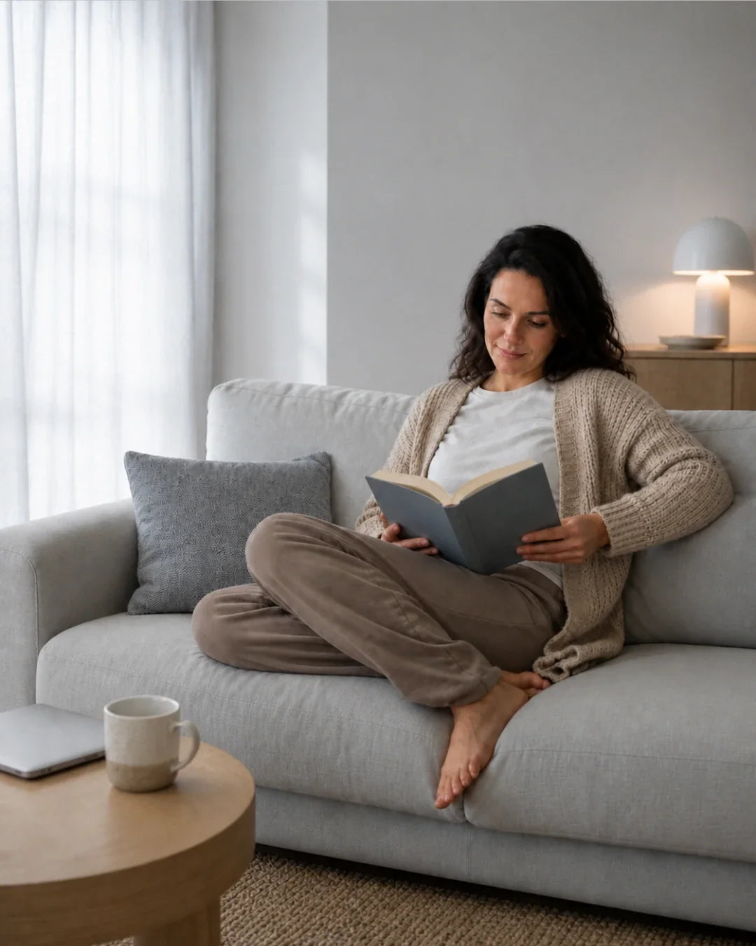 Woman relaxing on a sofa reading a book in soft neutral loungewear, embodying the off-duty comfort of everyday underwear