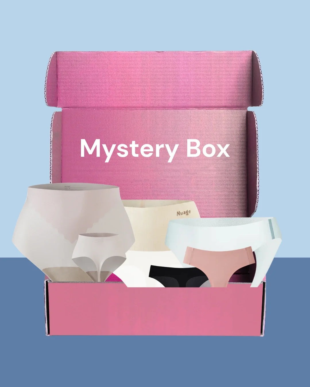 Nuage Mystery Box filled with assorted seamless underwear in multiple colors including beige, black, blue, and pink