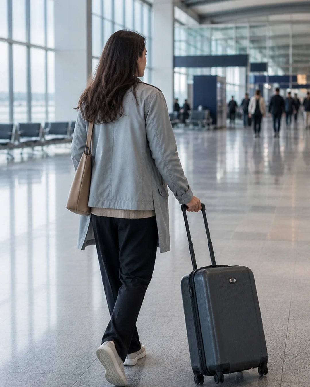 Woman walking through an airport with luggage in comfortable travel-ready clothing, perfect for wearing Nuage travel underwear on the go
