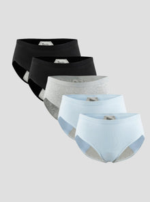 Pack of five leak proof briefs in black, grey, and light blue with cotton fabric and absorbent lining for period protection