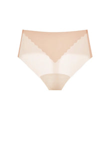NuCloud High Waist Thong in beige flat lay product shot – seamless high-rise underwear by Nuage