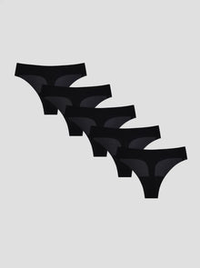 Set of five black thongs on a light gray background