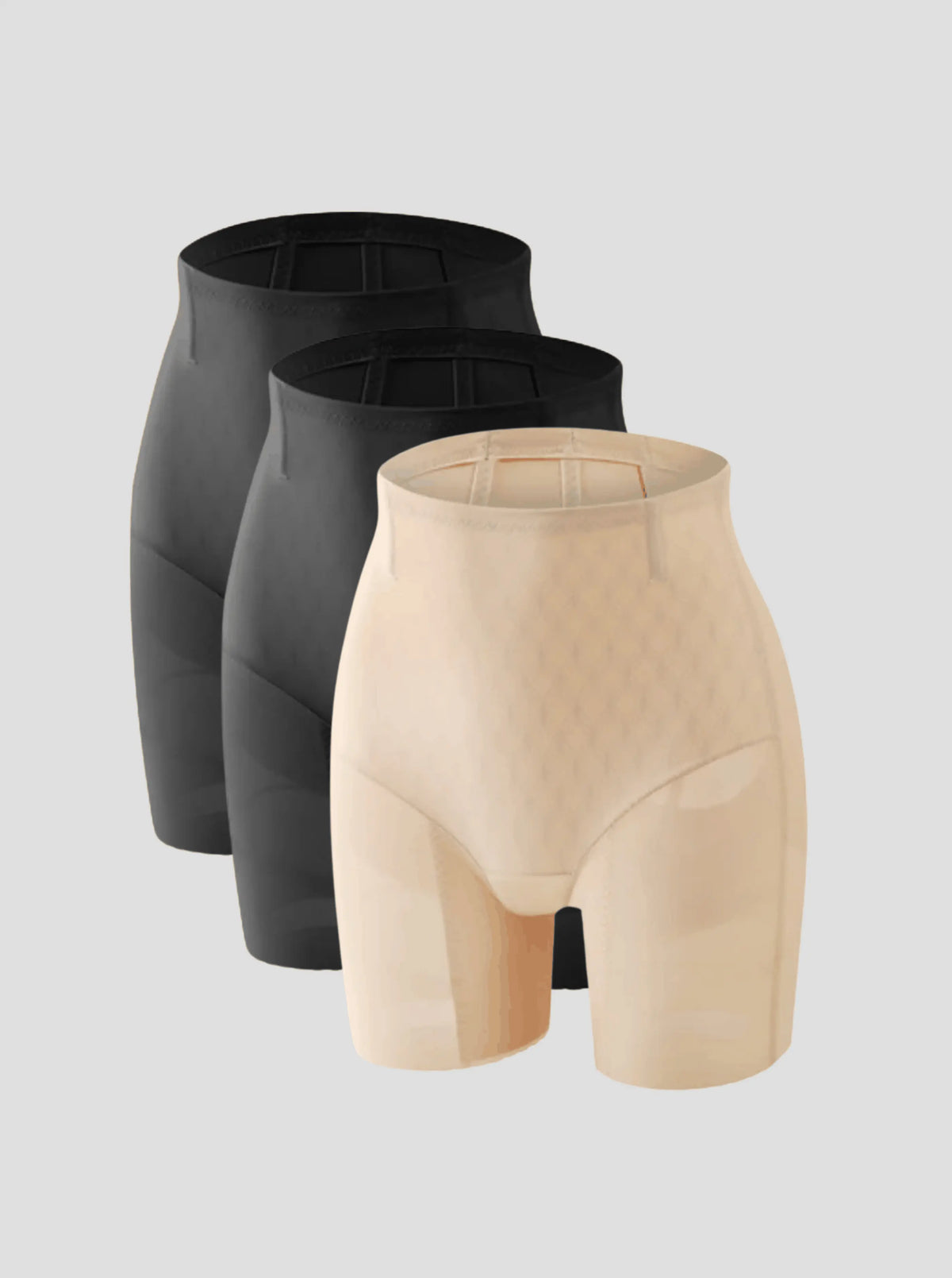 NuForme Lifting Boxer 3-pack shaping underwear with built-in booty lift and tummy control in black and nude colors