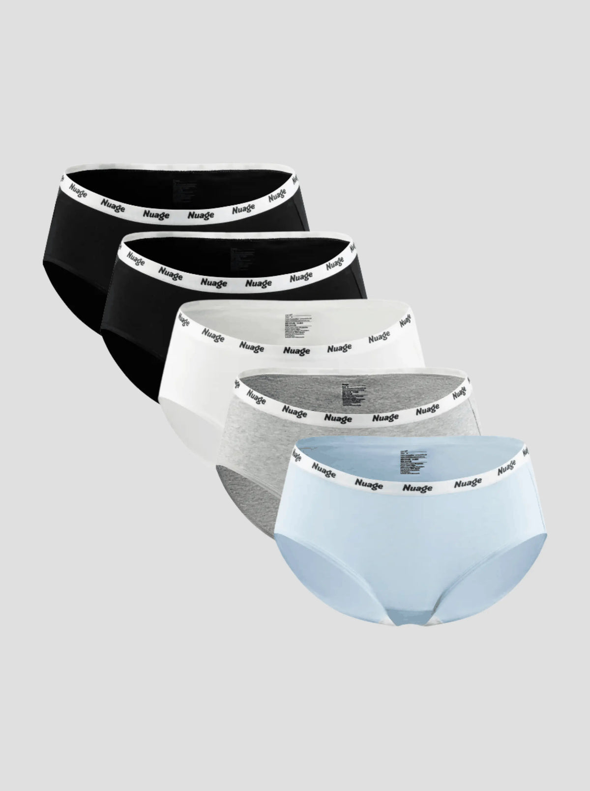 NuSoft Classic Cotton Brief 5-pack mid-rise cotton briefs with logo waistband in black, white, gray, and blue colors